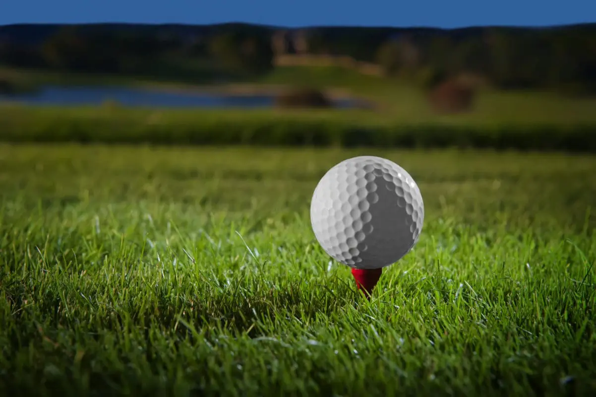 A golf ball on a tee on a grassy golf course.